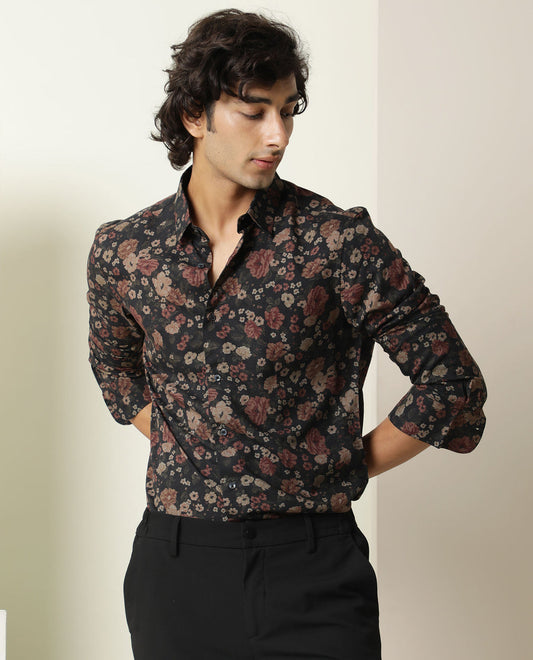 Men Floral Black Shirt